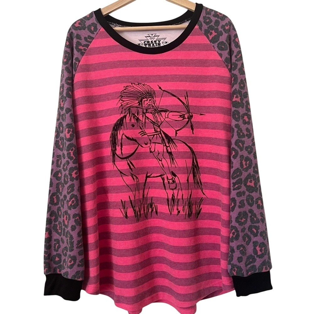 Crazy Train Women XXXL‎ Pink Striped Leopard Raglan Native American Graphic Top